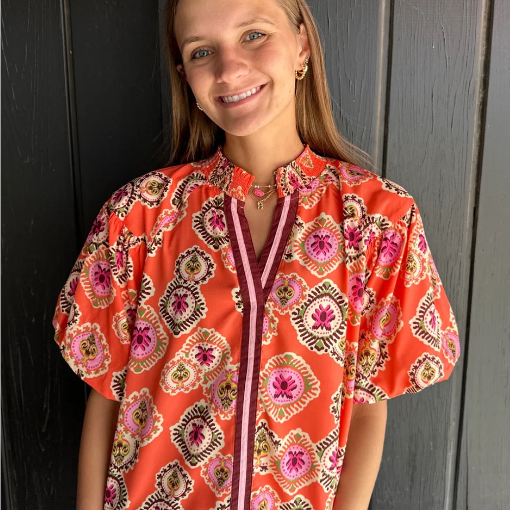 THML Vibrant Orange Blouse with Pink Accents